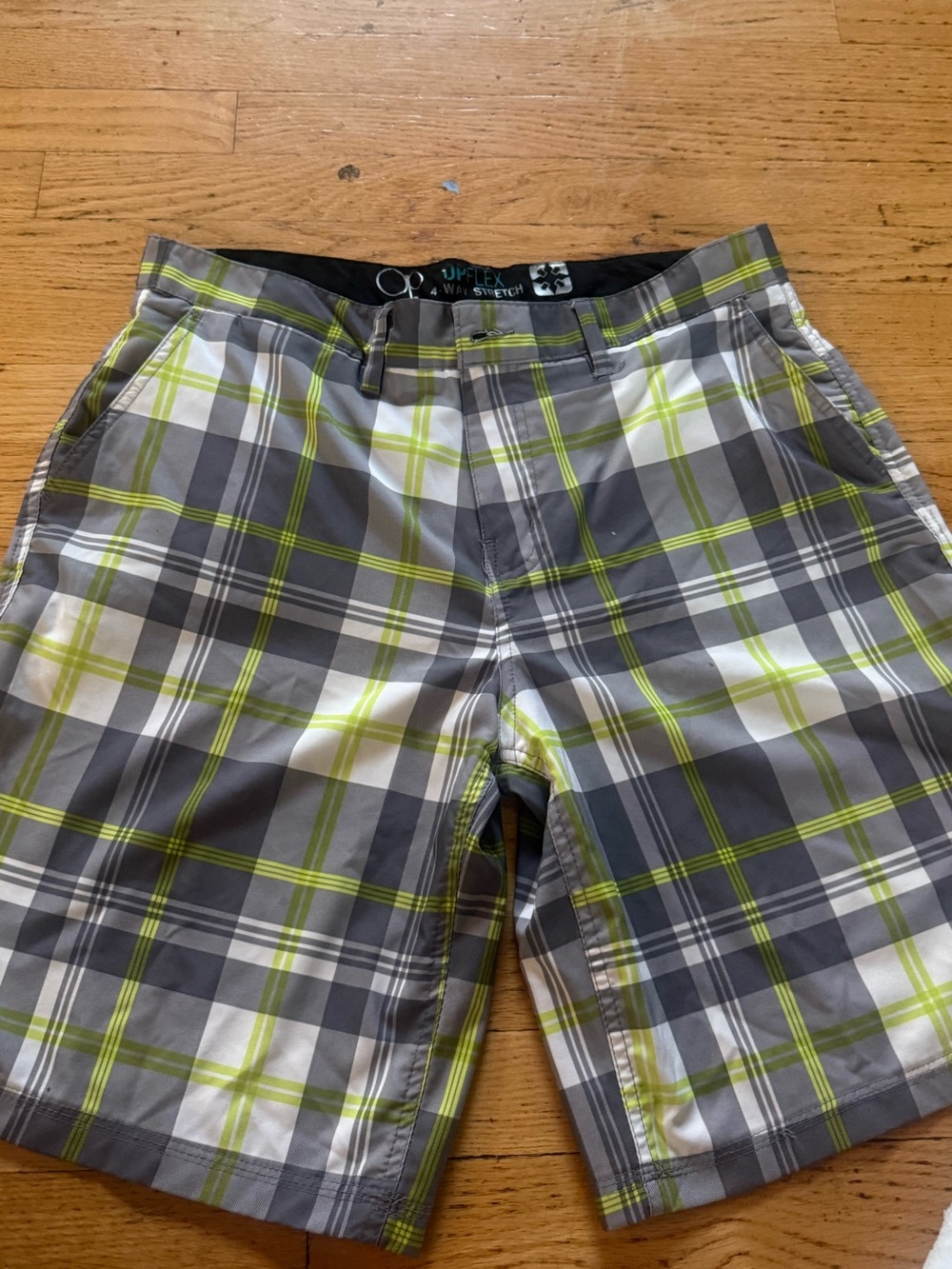 OP Men's Gray and Lime Plaid Flat Front Shorts